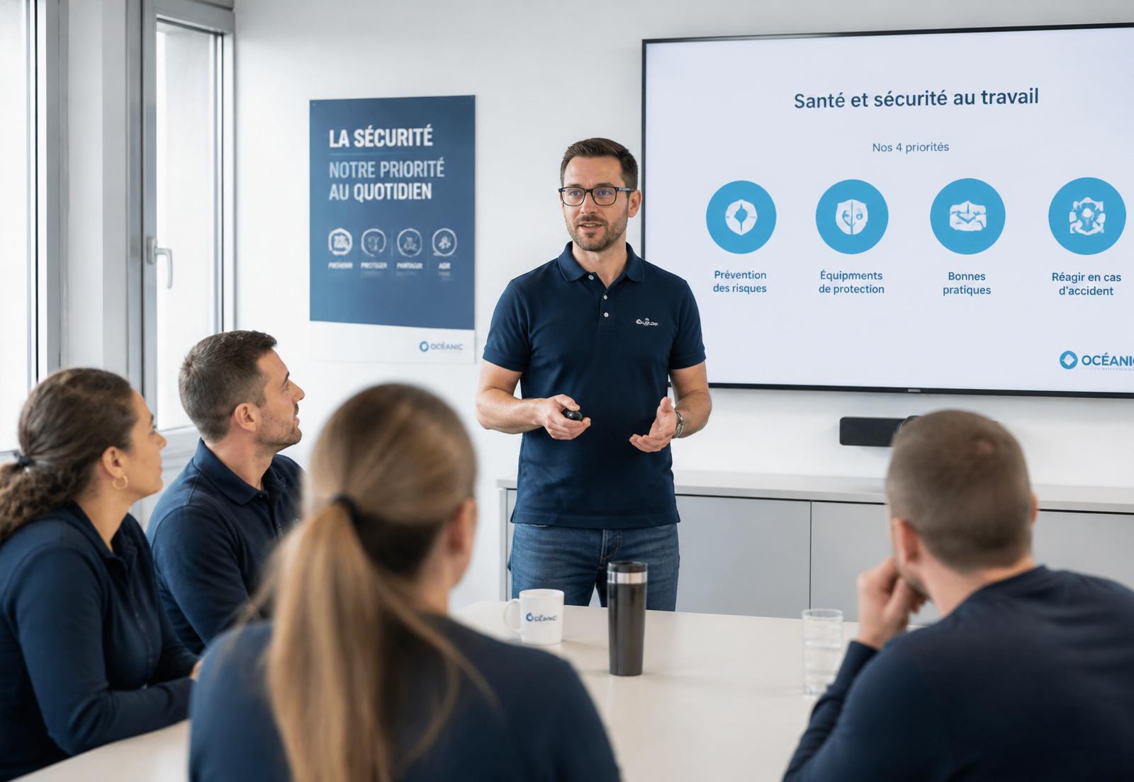 Formateur Human Prevention animant une session santé et sécurité au travail devant un groupe de salariés